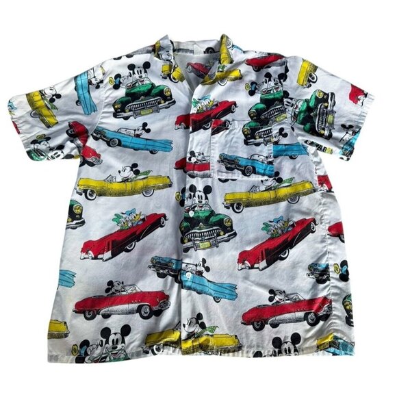 VTG 80s Men's Sz M Disney Mickey & Minnie Mouse Driving in Cars Button Up Shirt - Picture 9 of 9